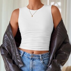 Zesica White Ruched Tank Top Fitted Crew Small Capsule Layer Basic Staple